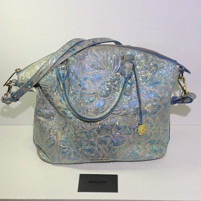 Brahmin Blue Iridescent Floral Embossed Satchel Gold Hardware Zip