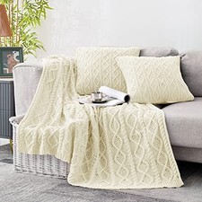 Cable Knit Throw 50 x 60 Inch Blanket  18 x 18 Inch Pillow Cream White