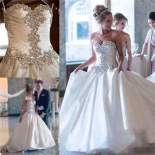 Elegant white Beaded Wedding Dresses A-Line Sweep train Lace Up Bridal Gowns-