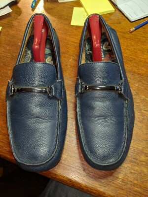 Alfani Mens Sz 11 Loafers Navy Tumbled Leather Drivers MSRP 79.99 Silver Buckle 