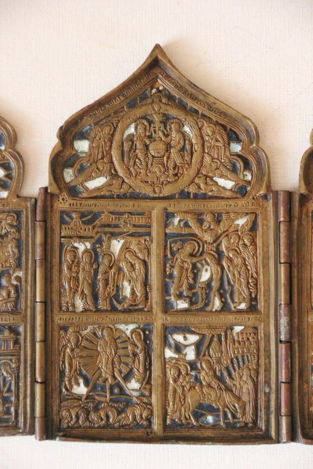 Ancienne icône en bronze et émail polyptyque - Photo 3/4