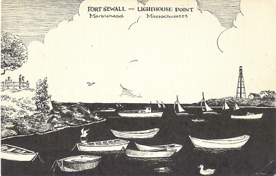 Vintage Marblehead, MA Postcard Artist Rendering Fort Sewall Lighthouse Point 