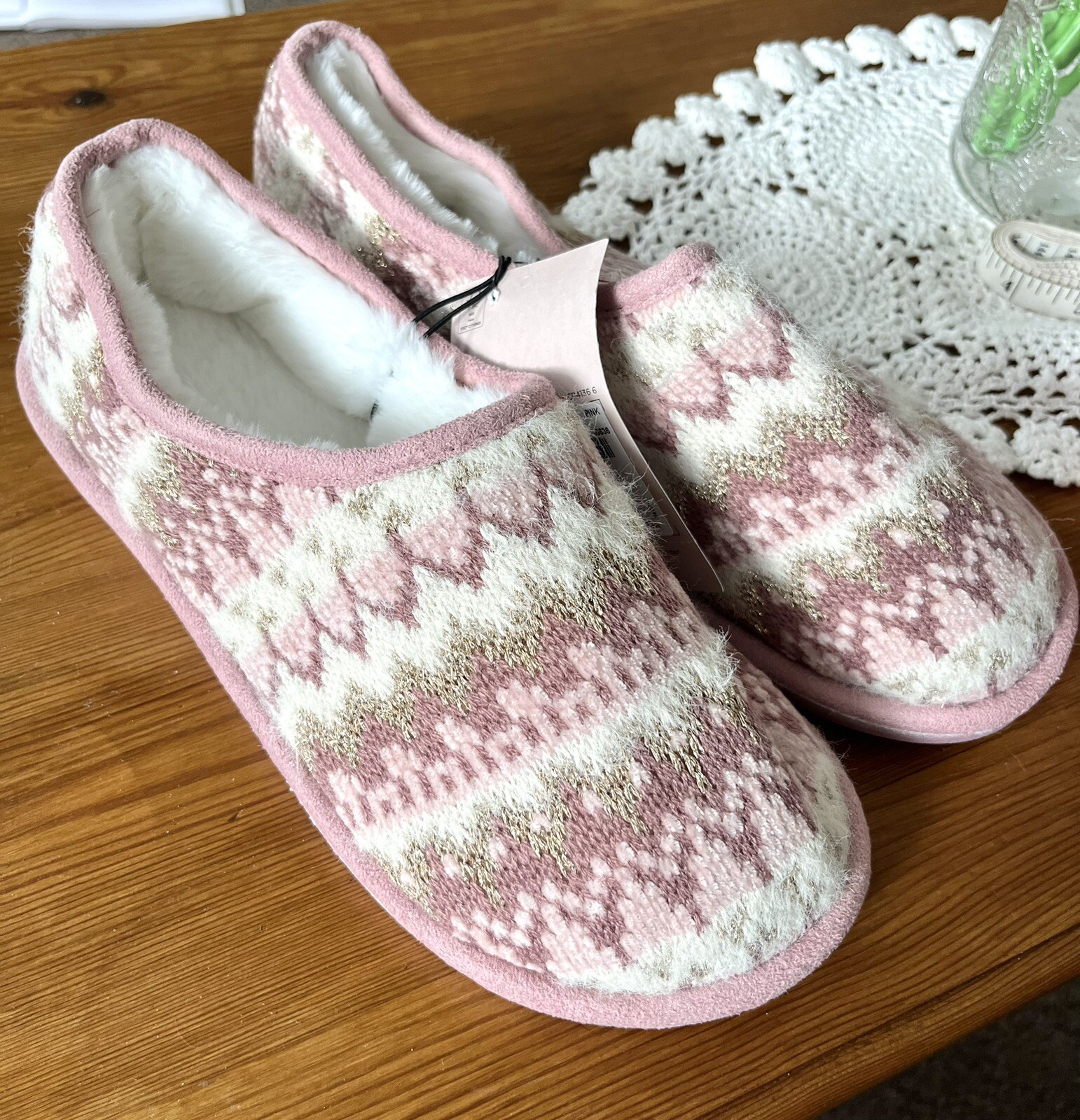 SAOLA TU pantofole rosa scintillante foderate soffici taglia UK 7 EU40 suola rigida maglia top nuove con etichette!