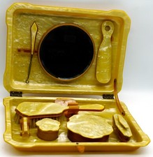 Antique Amber  Pearlized Pyralin Celluloid Vanity Dresser Set in Traveling Case