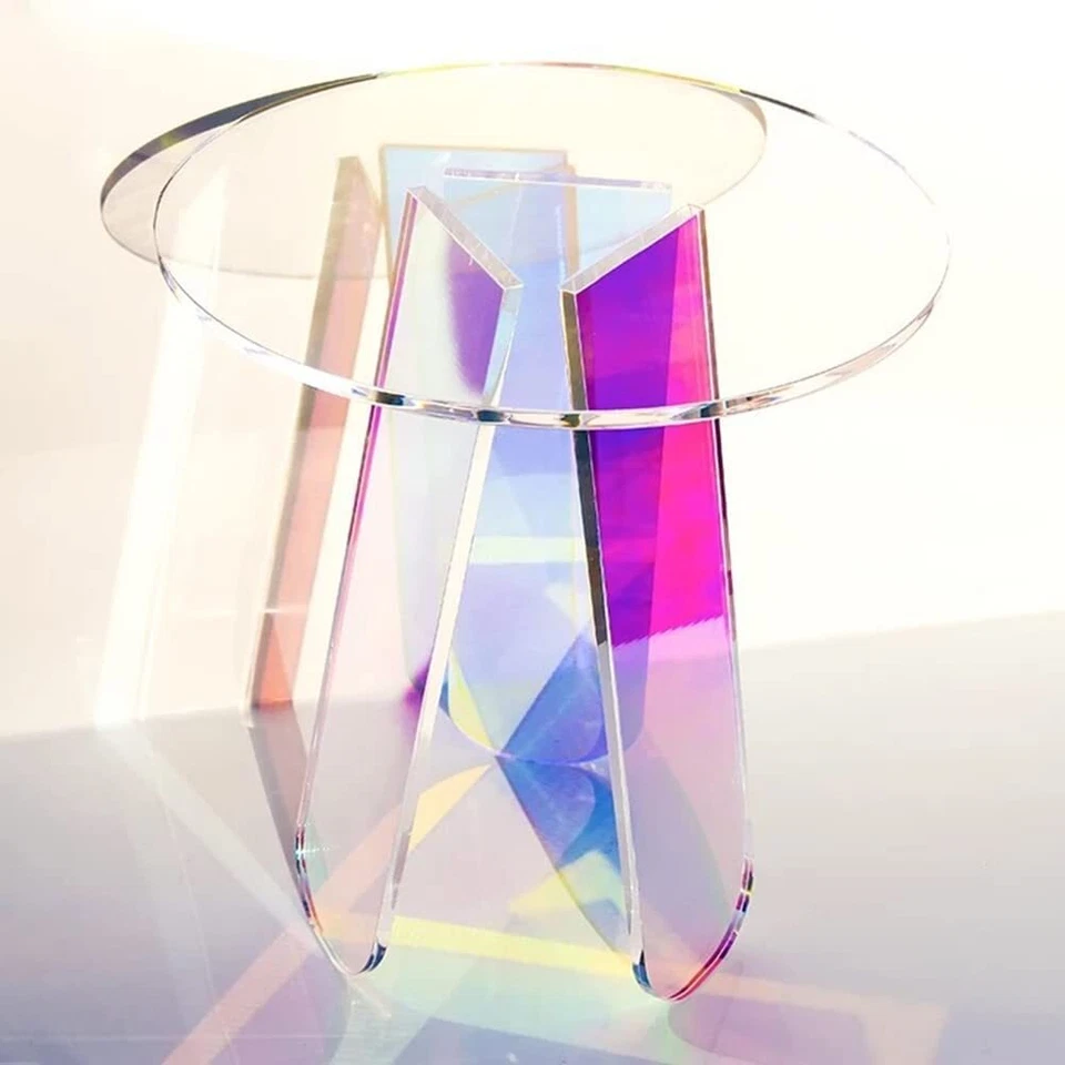 Acrylic Rainbow Color Coffee Table, Iridescent Glass End Table Round Side Table - Image 3 of 4