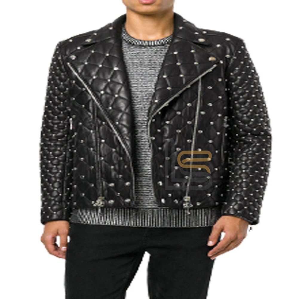 Handmade Men's Black Formal Look Silver Studded Genuine Leather Jacket