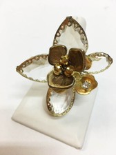 New Women's Large 2 1/2" Clear Crystal  Gold Flower Stretch Band Statement Ring