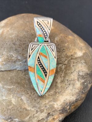 Women White Green Opal & Spiny Oyster Navajo Sterling Silver Inlay Pendant 12481