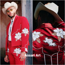 Men's Bespoke Red 2Pc Country western suit floral Embroidered cocktail Attire