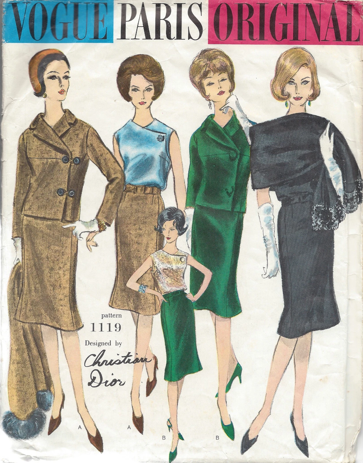 1960s Vintage VOGUE Sewing Pattern B34 SUIT JACKET SKIRT BLOUSE SCARF(1382) Dior