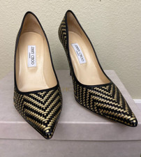 JIMMY CHOO Black/Gold Woven Kid Metallic Thread Classic Pumps Sz 40.5