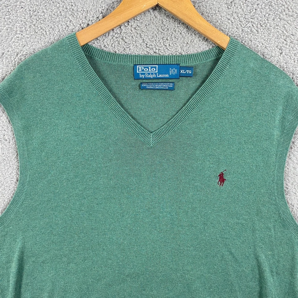 Polo Ralph Lauren Pima Algodón Suéter Chaleco Para Hombres XL Cuello en V Logo Tejido Pullover Foto 3 de 4