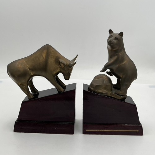 Vintage Messing Stier und Bär Buchstützen Börse Wall Street Investor Banker Nasdaq