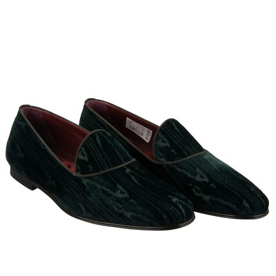DOLCE & GABBANA DG Logo Moire Velvet Loafer Moccasins Shoes Green 44 UK 10 US 11