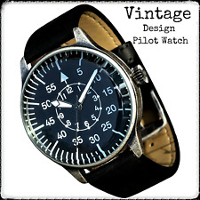 Aviator Ww2 Pilot Vintage Quartz Mens Watch Black Leather Strap 