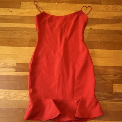 LIKELY Red Solid Bodycon Knee Length Dress Ruffle Hem Square Neck Zip Back 4