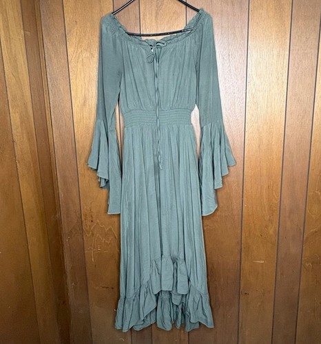 Whimsigoth Green Maxi Dress M Fairy Boho Cottagecore Renaissance Peasant