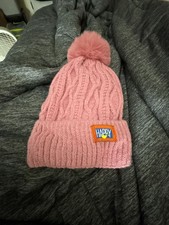 Hatastic Happy Embroidered Cable Knit Faux Fur Pom Pom Beanie