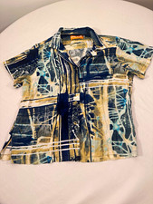 Jams World Men's M Short Sleeve Point Collar Abstract Blue Beige Cotton Shirt