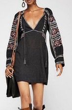 Free People All My Life Embroidered Black Boho Dress With Tassel Tie S