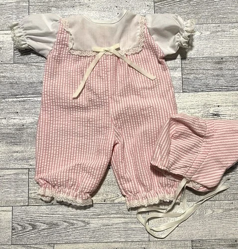 Vintage CABBAGE PATCH KIDS  Preemie  Pink Striped Romper and Bonnet Set