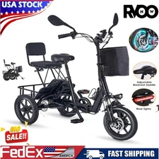 350W 48V Electric folding Tricycle Adult E-bike with 2 Seats Up to 45 Miles