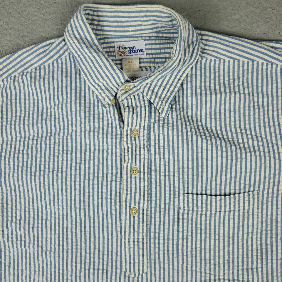 Reyn Spooner Shirt Mens Size XL Blue Striped Seersucker Button UpShort Sleeve - Image 2 of 4