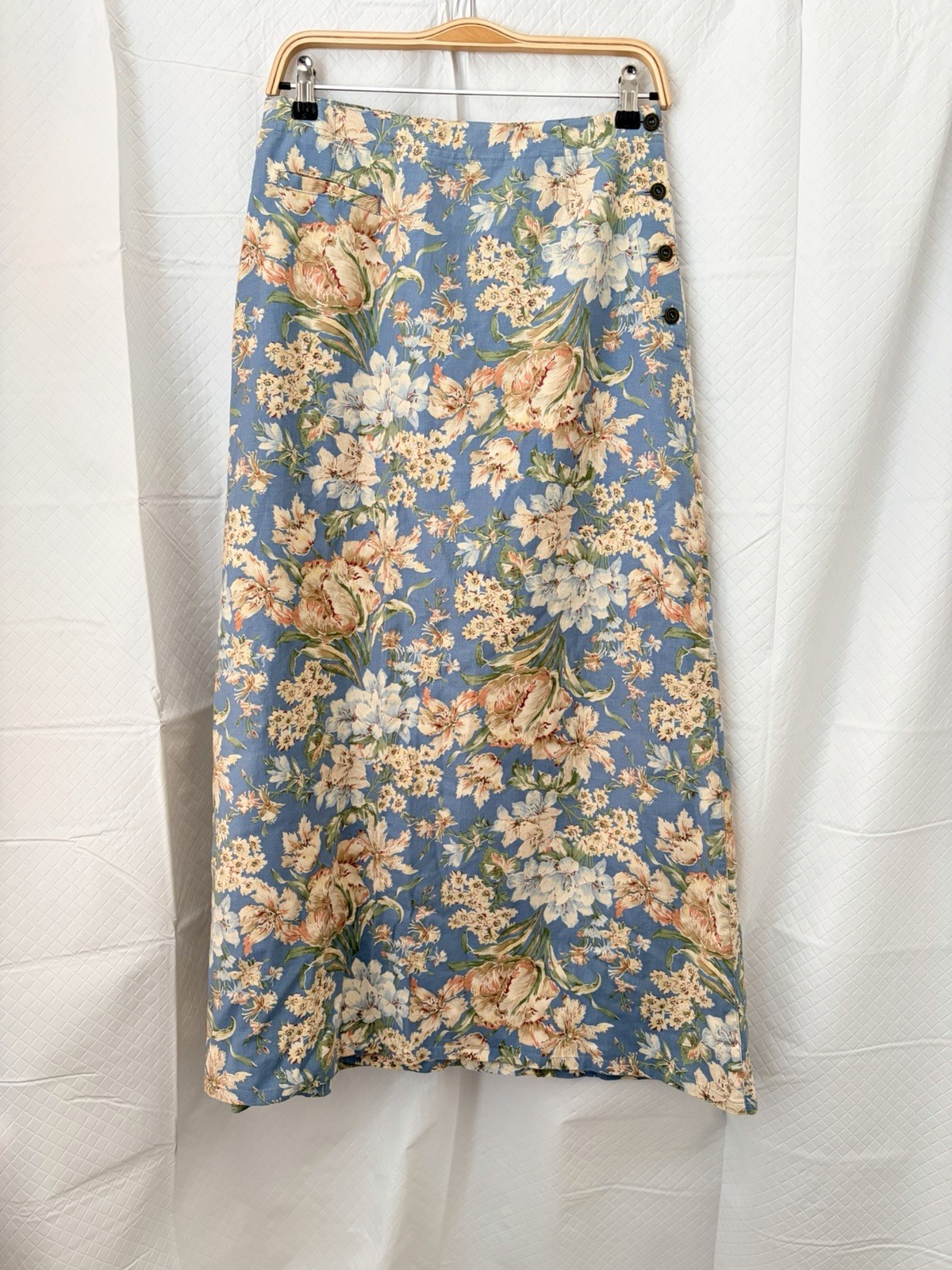 Vintage Liz Claiborne Sport Light Blue LINEN Ivory Floral Wrap Midi Skirt 8