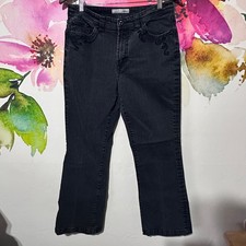 Chico  s Platinum Jeans Size 1 Short Black with Black Embroidery bootcut Sequin