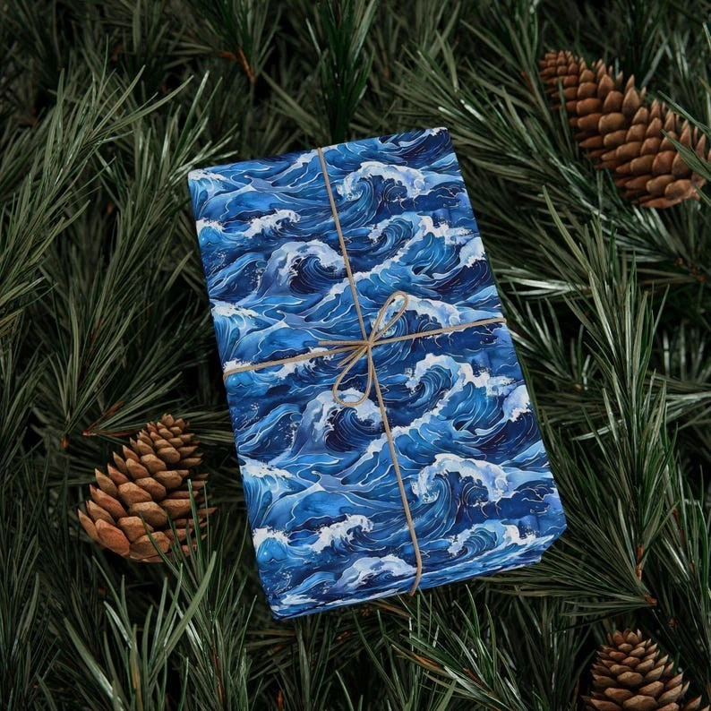 Papel de envolver acuarela azul ondulado, envoltura de regalo tema océano náutico japonés Foto 2 de 4