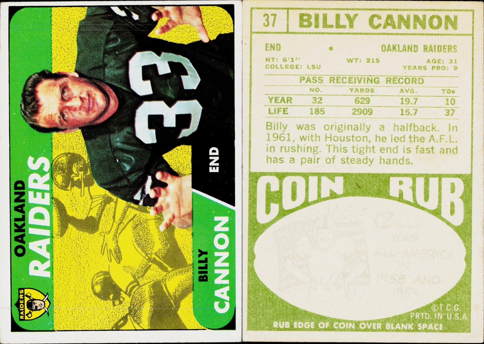 1968 Topps Football Card #37 Billy Cannon