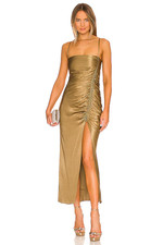 Shona Joy Thalia Bias Ruched Midi Dress in Cumin US 4 NWOT $295