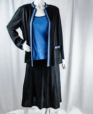 MING WANG New Black Royal Blue Trim Women 3 Piece Skirt Top Jacket Suit Size L