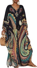 Women Ethnic Print Plus Size Beach Cover Ups Batwing Sleeve Kaftans with Pockets