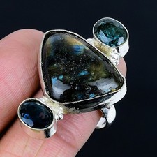 Stunning Labradorite, Quartz Gemstone 925 Sterling Silver Ring Size 9