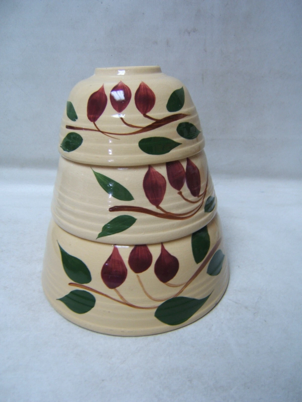Watt American Red Bud Set of 3 Ribbed Mixing Bowls #5, #6 & #7 Very Good Cond.