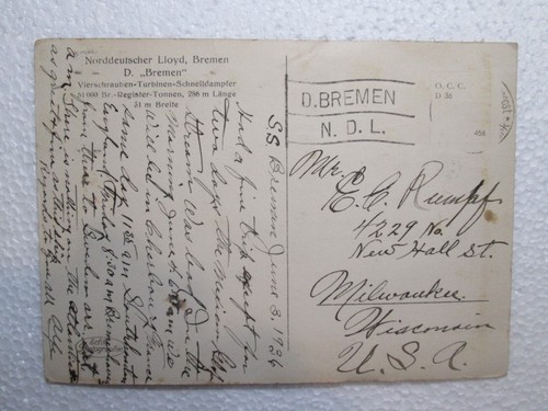 Postal Norddeutscher Lloyd Bremen 1937 barco de vapor transatlántico alemán - Imagen 2 de 2