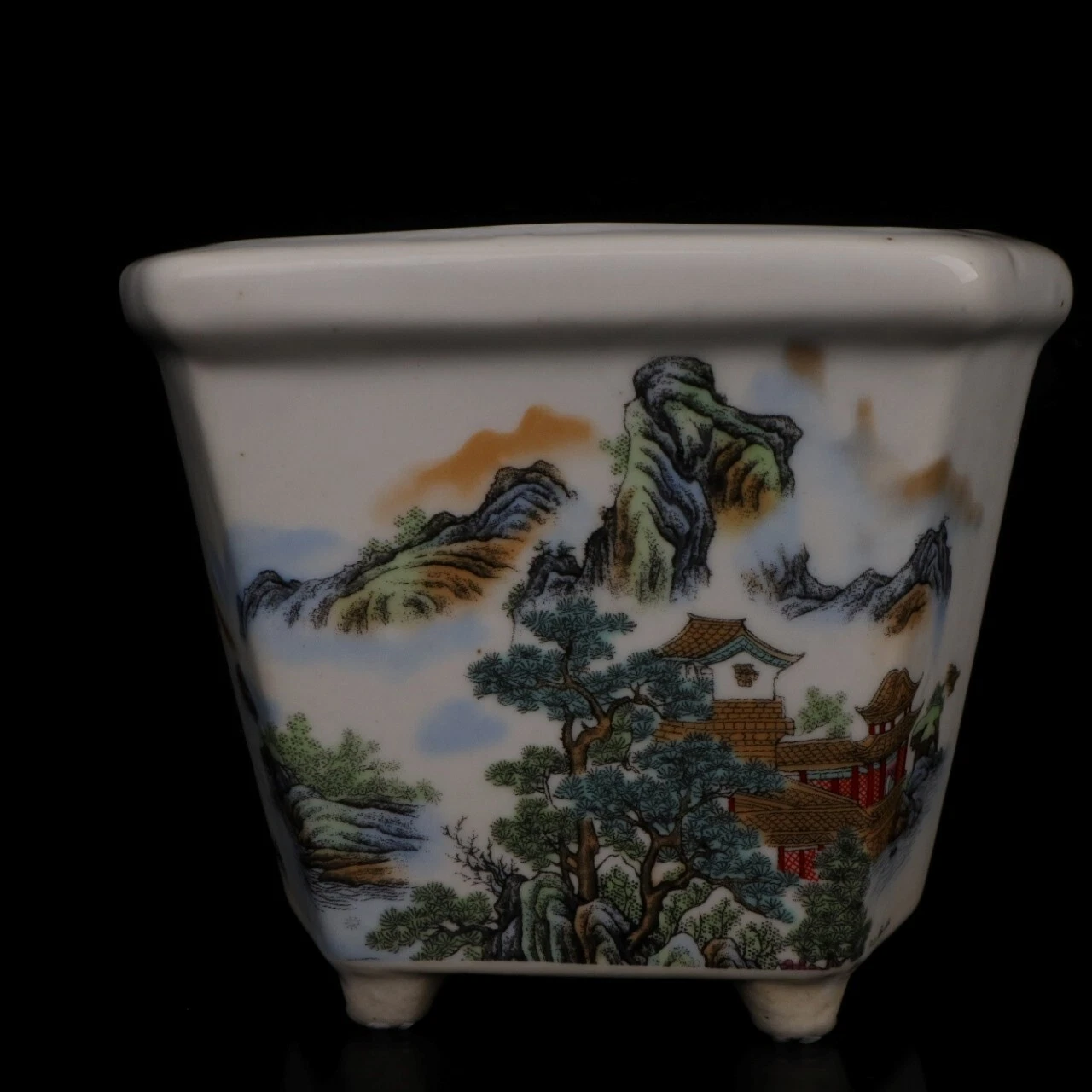 Chinese Old Porcelain Pink landscape pattern hexagonal flower pot