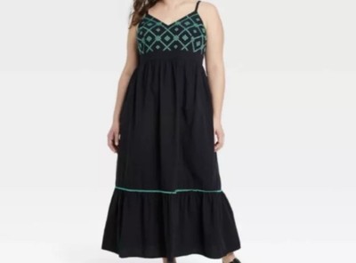 Ava & Viv Dress Size 1X Black Green Embroidered Bodice Sleeveless Sundress- NEW