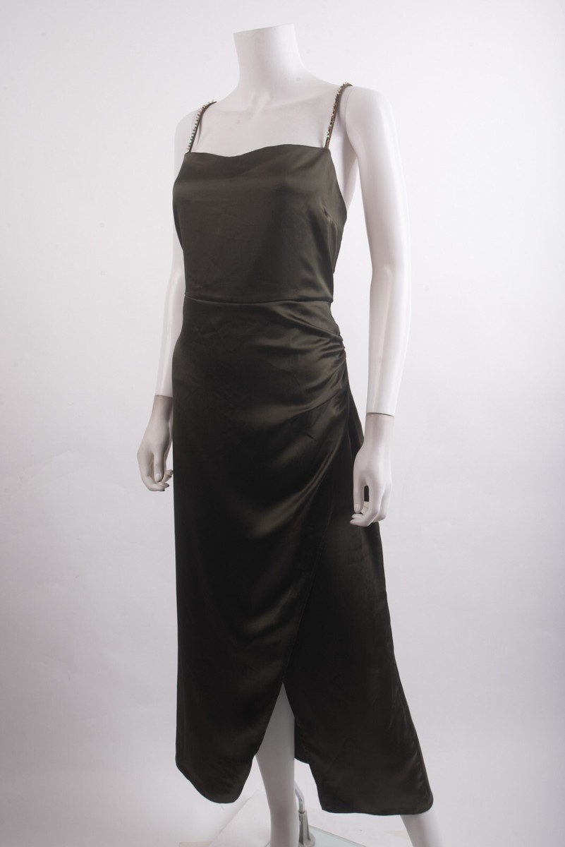 Zara Womens Satin Effect Beaded Slip Midi Dress XXL Green