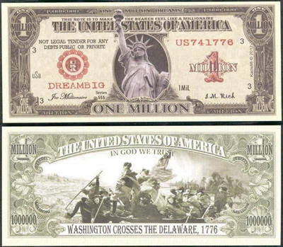 Liberty Dream Big Million Dollar Bill Play Funny Money Novelty Note +FREE SLEEVE
