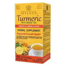 Hyleys 100% Natural Turmeric Tea Green Tea w/ Ginger & Lemon Flavor, 25 Tea Bags