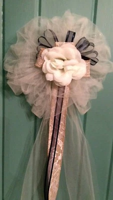 6 PC Burlap Ivory Rose Navy Ribbon Streamers Burlap & Navy Rush Orders Welcome - Image 1 of 3