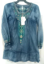Monoreno Embroidered Faded Denim Dress Women Small Bohemian Tunic Southwestern
