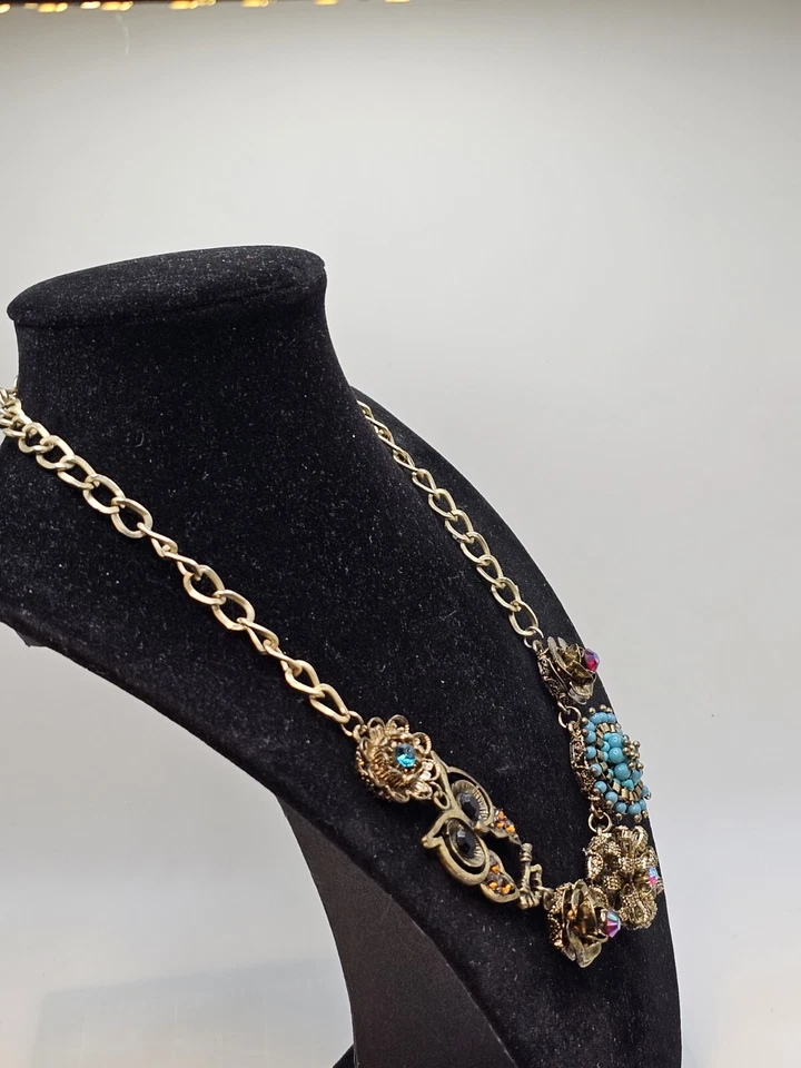 Collar Raro Búho Declaración Bronce Negro Multicolor Estrás 18+2" Foto 3 de 4