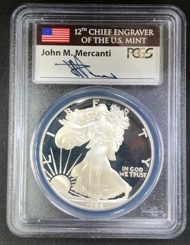 1986 S American Silver Eagle Proof PCGS PR69 DCAM Mercanti Signed