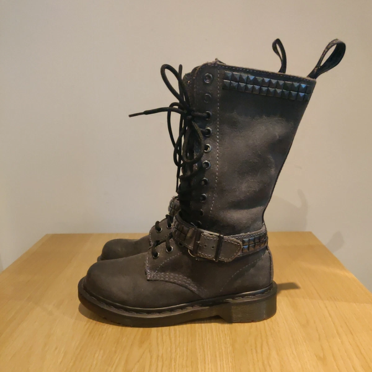 Dr Martens Janice Nubuck Grey Leather Stud Strap Biker Rare Boots