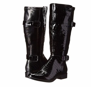 black patent croc knee high boots