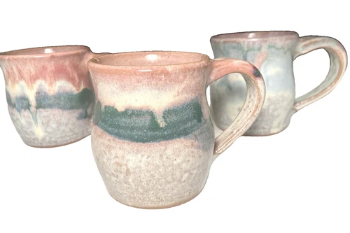 Set of 3 Browns Pottery Handcrafted Cups Stoneware Drip Glaze Rustic Mugs Signed