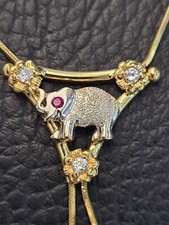 Gold Elephant Necklace, Solid 14k Gold Elephant Slide Necklace With Stones